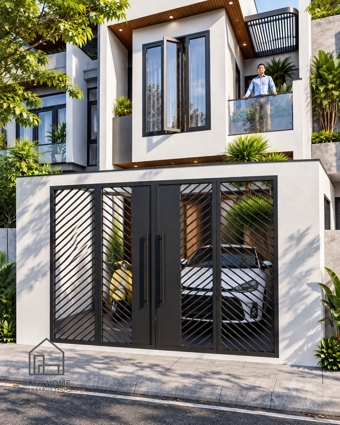 Chi tiết cổng rào thép sơn tĩnh điện và ban công kính tầng 2 nhà phố anh Sơn Đà Nẵng