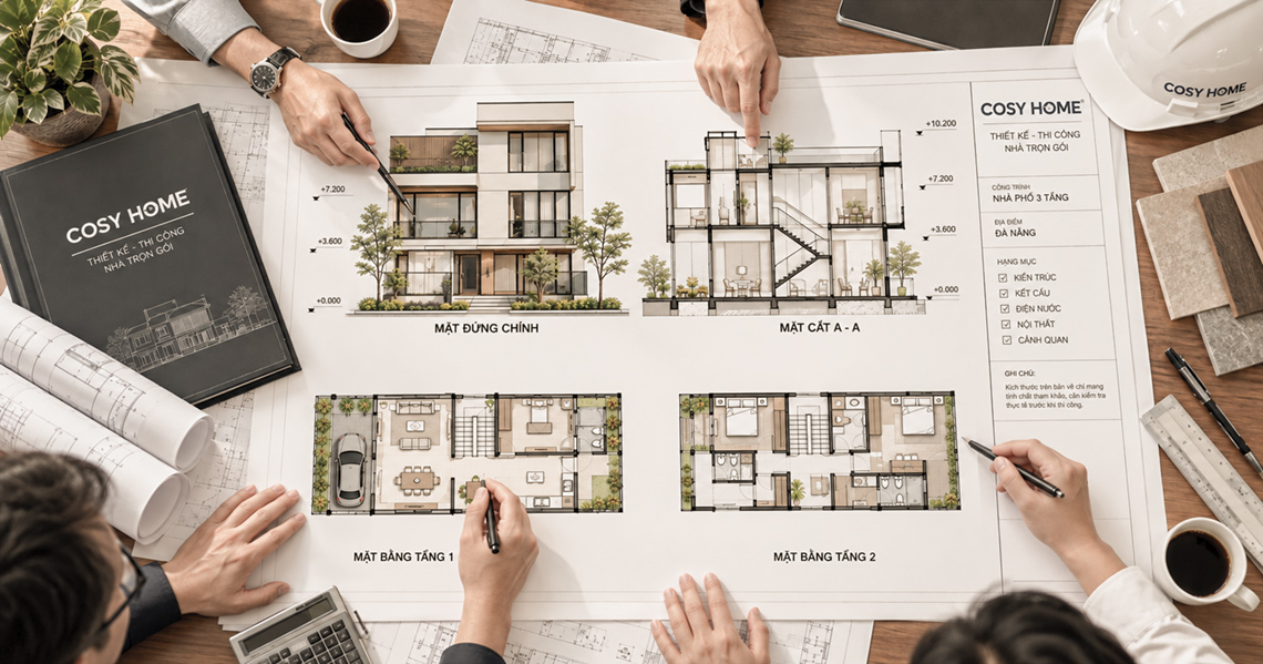 Đơn giá thiết kế nhà phố tại Đà Nẵng - Đội ngũ KTS XÂY DỰNG COSY HOME làm việc bản vẽ nhà phố 3 tầng