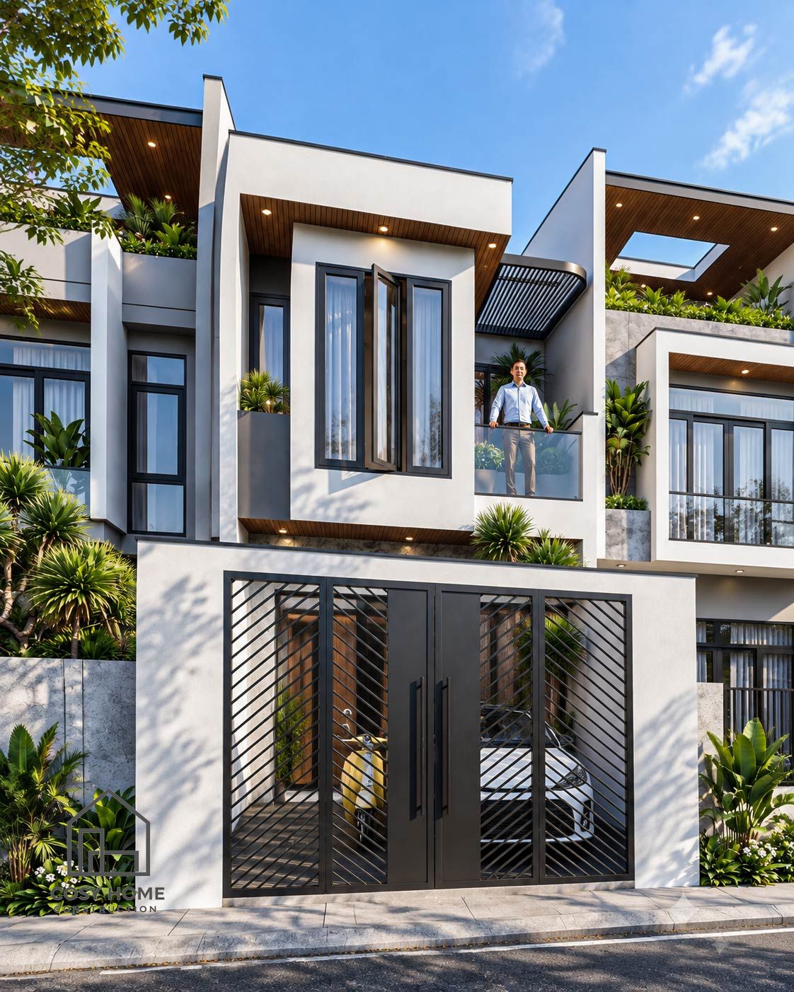 Góc nhìn tổng thể không gian sân trước để ô tô và cây xanh của nhà phố 2 tầng Đà Nẵng