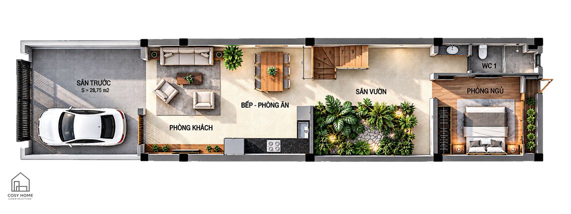 Bản vẽ bố trí công năng và không gian sinh hoạt nhà phố 2 tầng 5x22.5m